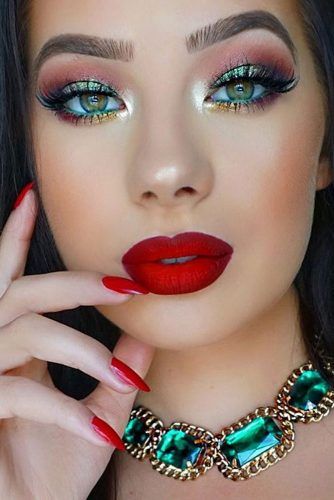 Red Lipstick With Shimmer Eye Makeup
